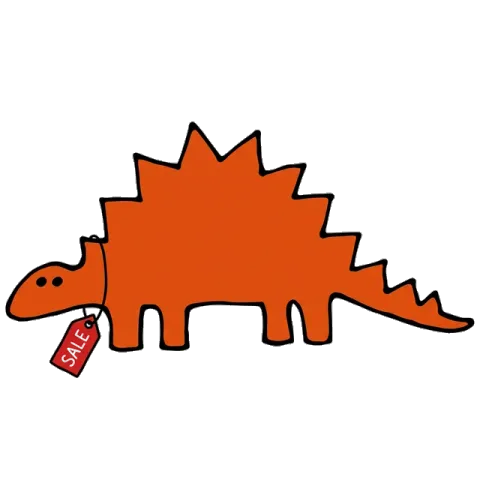 A dino holding a sale tag