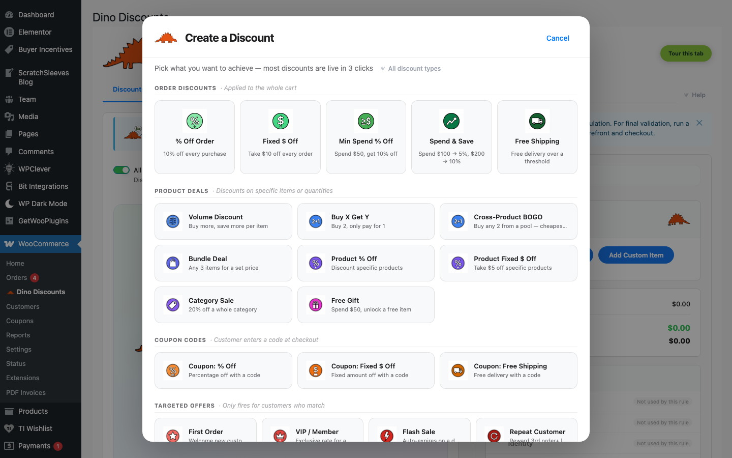Recipe picker showing all 18 templates organised by category