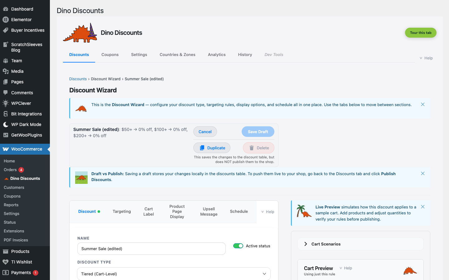 Wizard showing the saved draft with Save Draft and Publish buttons
